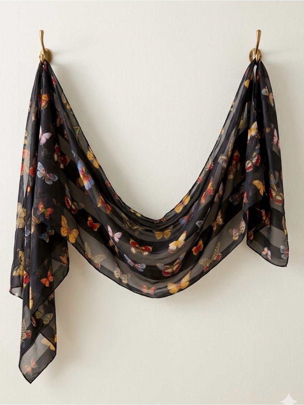 Whimsical metallic butterflies on sheer black scarf